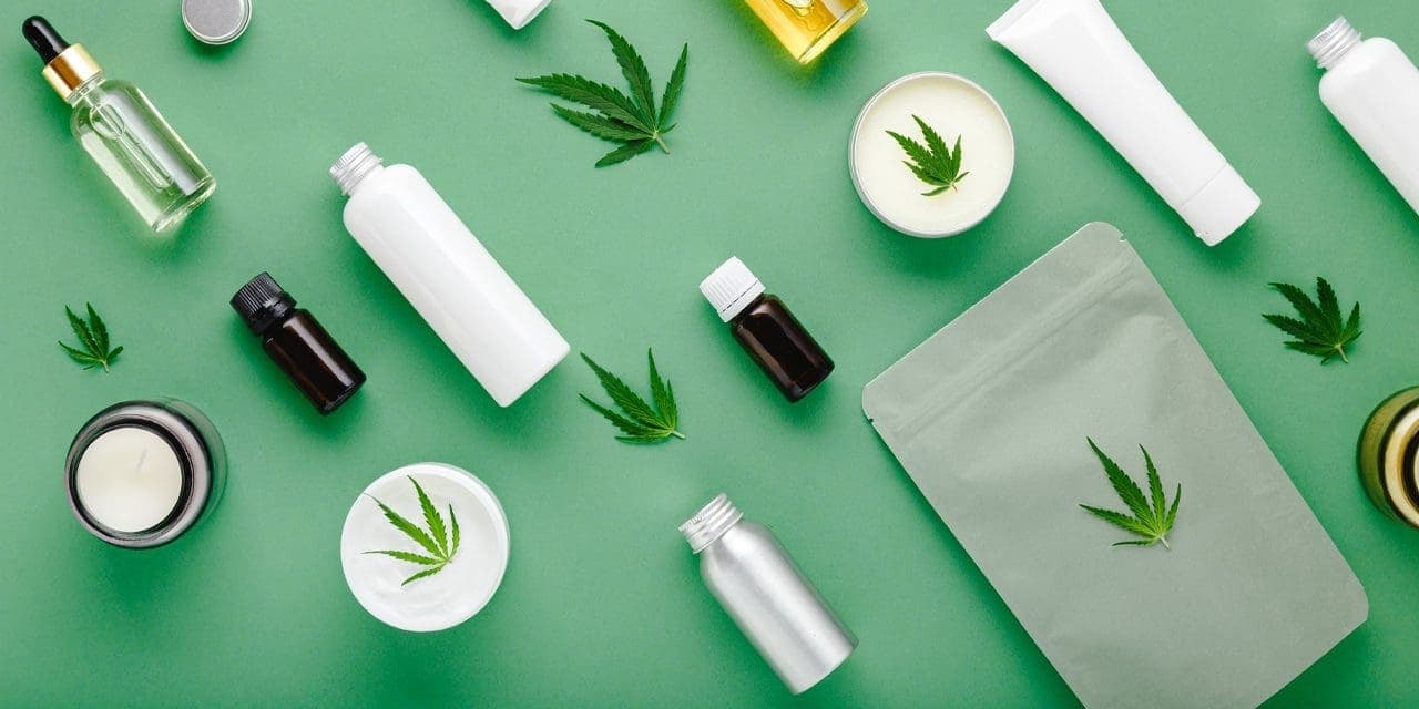 CBD products and cannabis leaves