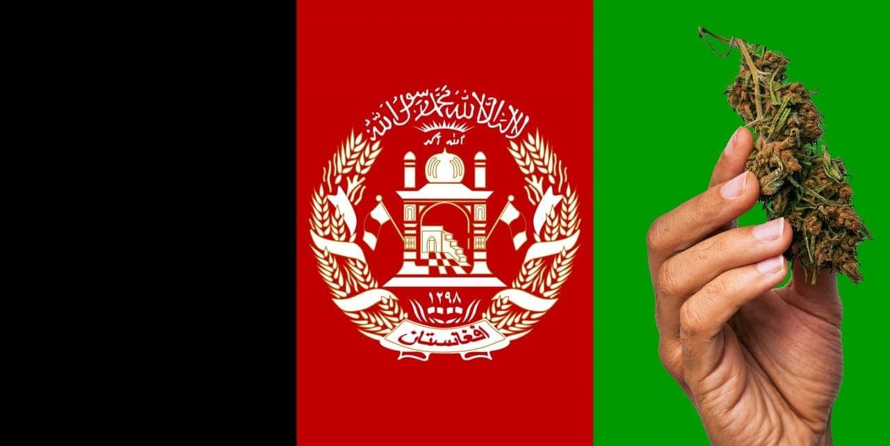 Afghanistan flag with a hand holding a marijuana infront of it